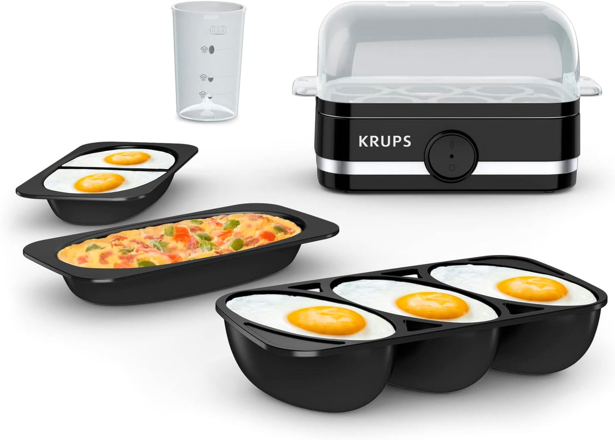 KRUPS: Simply Electric Plastic and Stainless Steel Egg Cooker 6 Eggs 400 Watts Hard, Medium, and Soft Boiled, Poached, Scrambled, Omelets, Rapid Cook Black