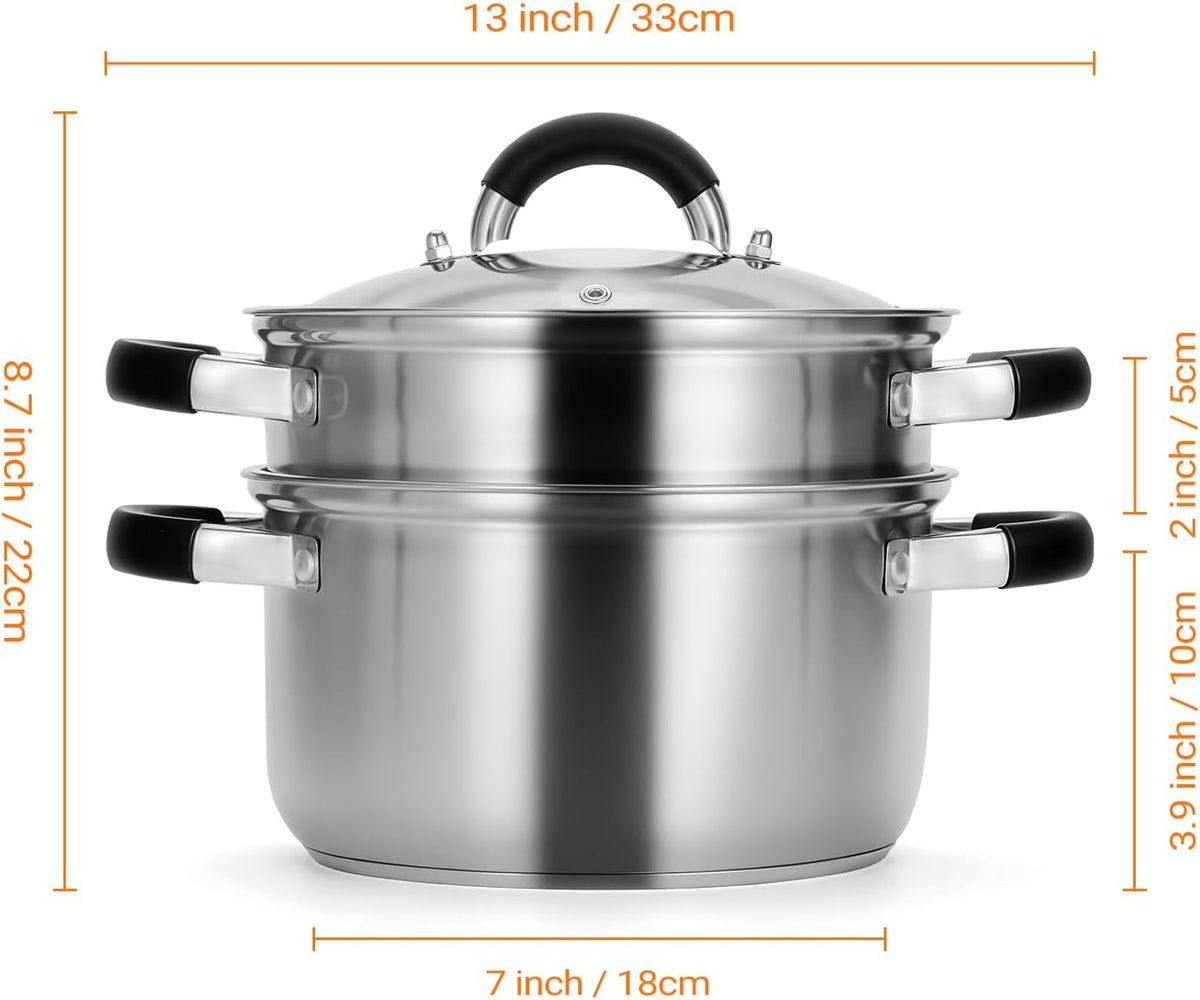 Kirecoo 3.2QT Steamer for Cooking - Stainless Steel Steam Pot with Steamer Basket, Cooking Stock Pot with Silicone Handle, Lid for Vegetable, Dumplings, Soup, Food, 3Ply Bottom Boiling Stew Cookware