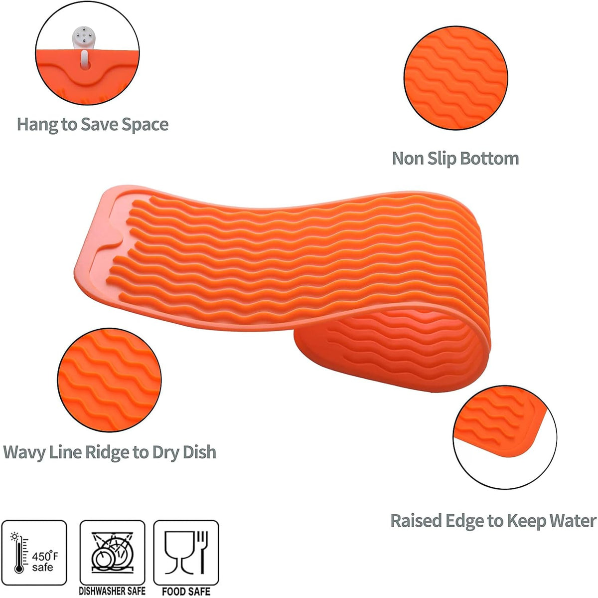 Silicone Dish Drying Mat for Multiple Usage,Easy clean,Eco-friendly,Heat-resistant Silicone Mat for Kitchen Counter,Sink,Bar,Bottle,or Cup Orange M 17 inches x 6 inches