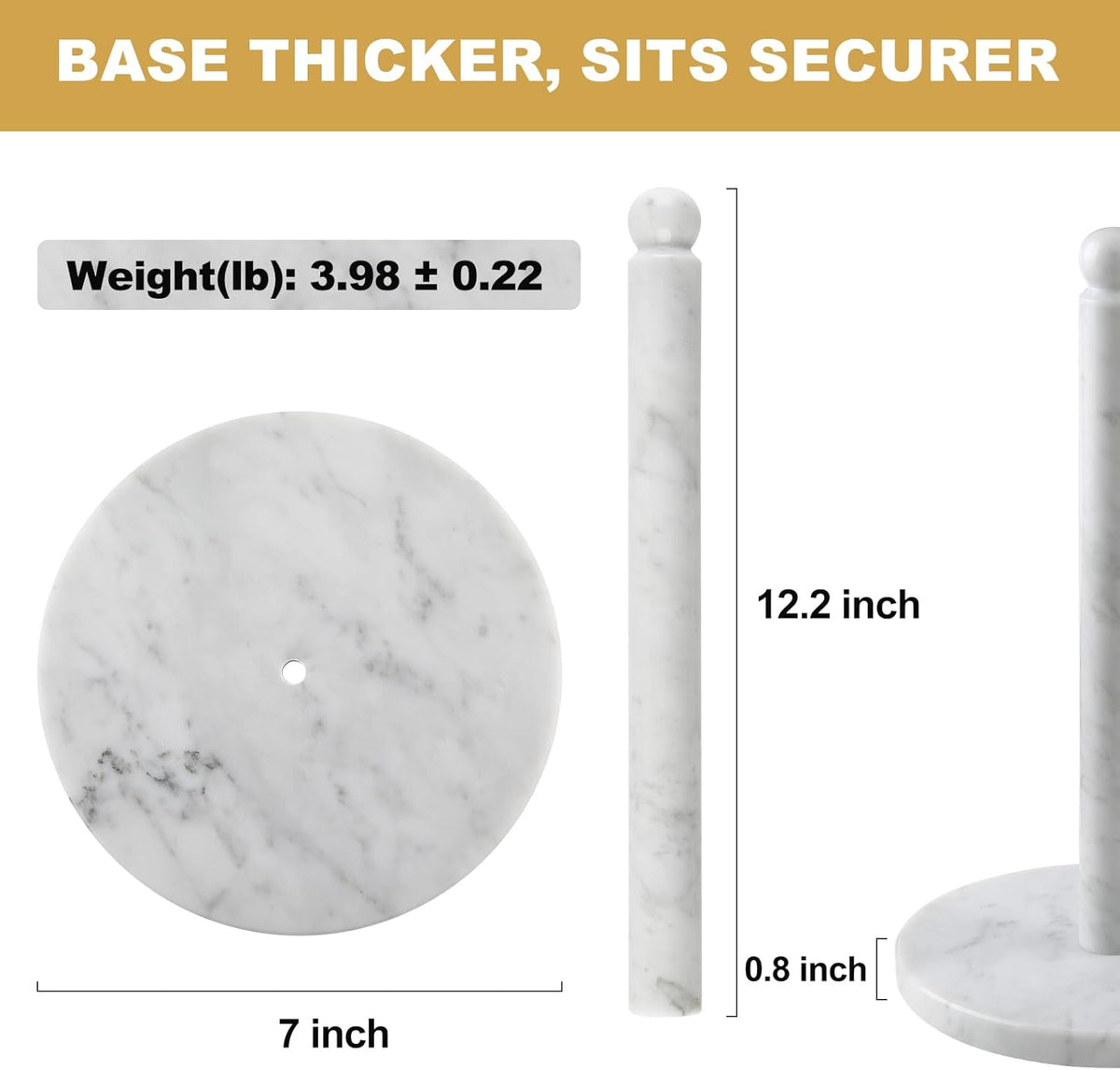 Koville Italian Marble Paper Towel Holder Countertop, Stone Rod Paper Towel Holder Stand for Kitchen Storage, for Standard or Jumbo-Sized Rolls(Bianco Carrara)