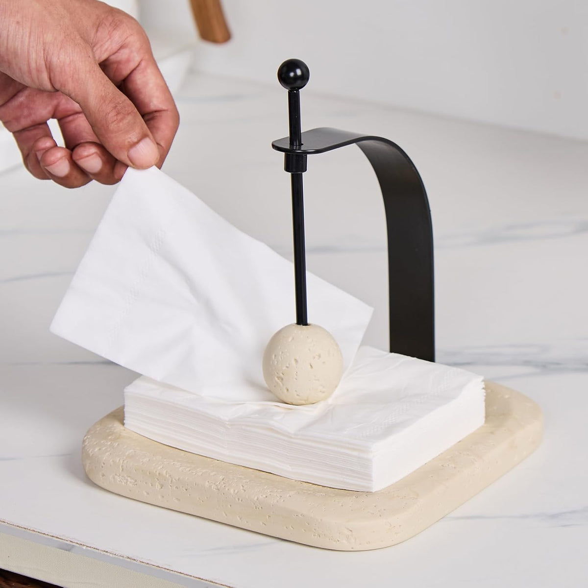 Natural Travertine Napkin Holder - Decorative Square Paper Napkin & Towel Holder for Kitchen, Restaurant, Bathroom - Durable Resin Table Organizer - Stylish Home Gift (Beige)