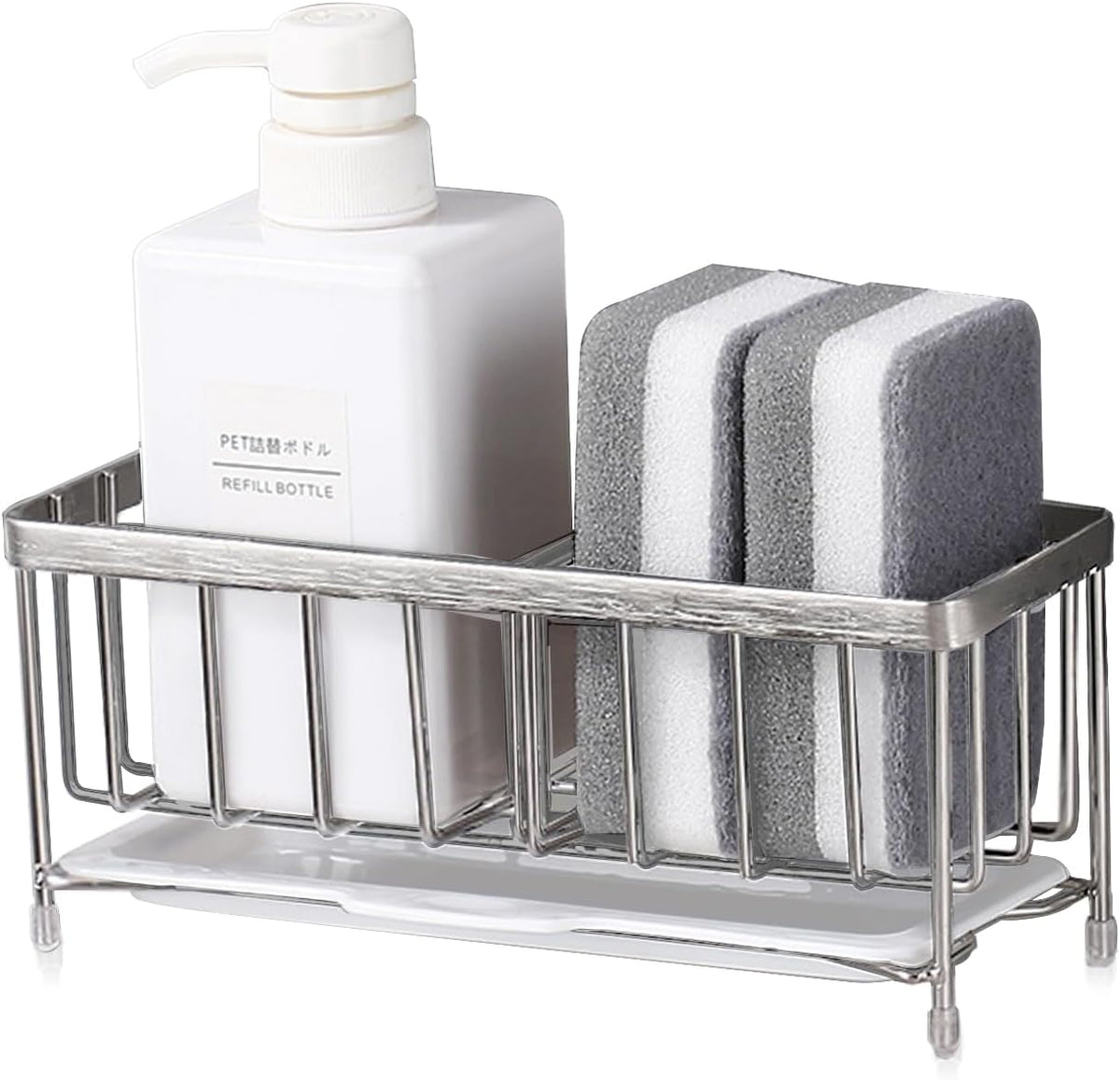 Kavciva Sink Caddy Sponge Holder,304 Stainless Steel Dish Brush Holder,Kitchen Countertop Sink Rack,Dish Soap Holder,Dishwashing Tool Drying Tray with Adjustable Partitions,Essential Kitchen Shelves