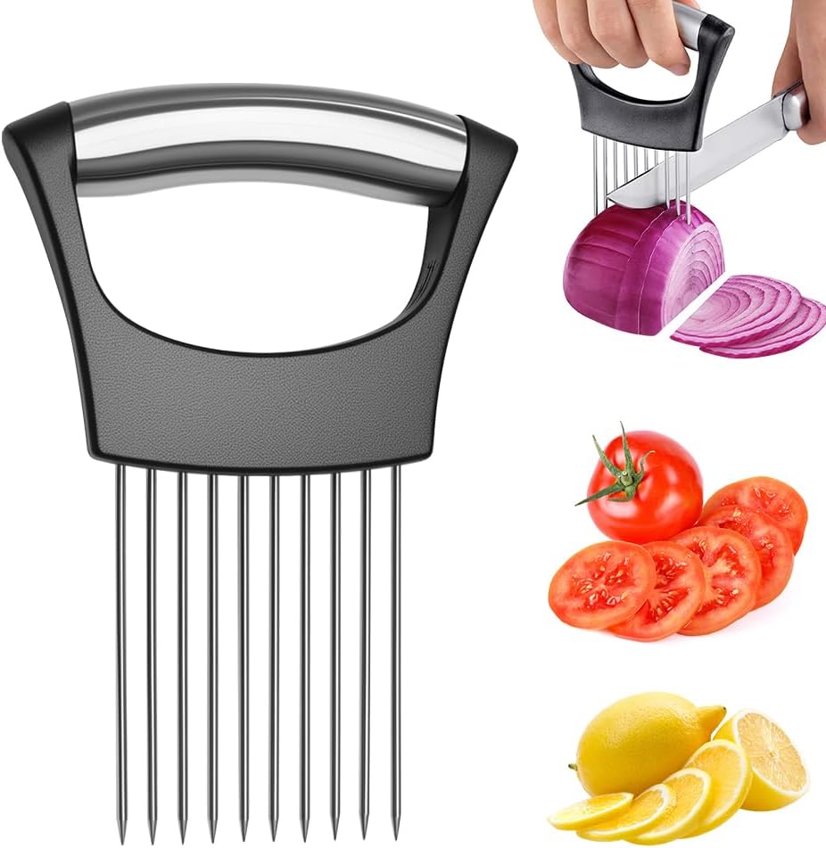 Onion Holder for Slicing, Stainless Steel Onion Slicer and Chopper, Lemon Slicer Vegetable Cutter Kitchen Tool, Food Slicing Assistant for Meat, Tomato, Potato, Lemon (1 Pack)