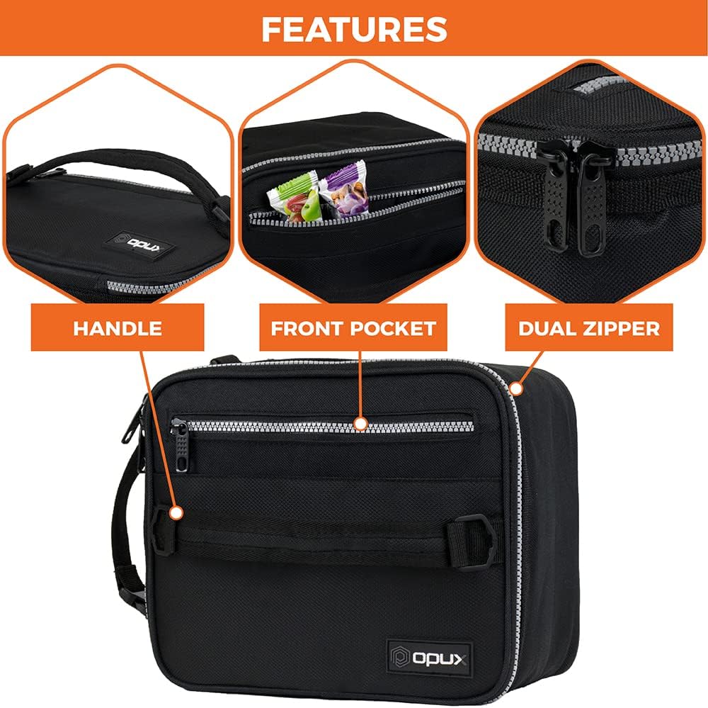 opux Insulated Lunch Box for Men Women Adult, Compact Lunch Bag for Kids Boy Girl Teen, Soft Lunch Cooler Bag for Work School, Leakproof Lunchbox Lunch Pail with Clip-on Buckle, Black
