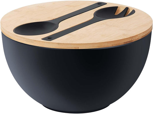 11.3" Extra Large Salad Bowl with Wooden Lid & Servers, 208Oz, Oversized Bamboo Fiber Salad Serving Set with Utensils for Home/Kitchen, Big Lightweight Bowl for Mixing Salad,Fruit,Pasta - Matte Black