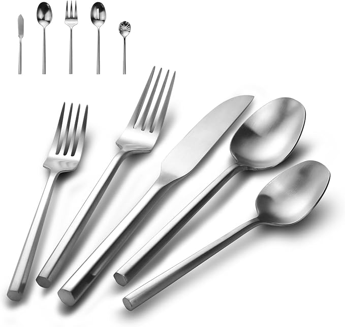 DEACORY Hexagon Serving Silverware Serving Set Flatware Set Cutlery Set Utensil Serving Set Stainless Steel Matte Silver 45 Pieces Service for 8