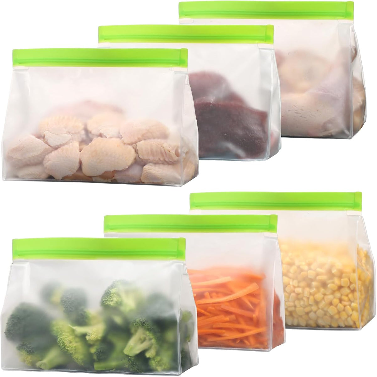 iSPECLE Reusable Freezer Bags - 6 Pack Gallon Freezer Bags BPA-Free with Stand-Up Bottom and Label, Easy to Get Frozen Meat, Vegetables, Fruit, Leakproof Freezer Bags Keep Food Fresh, Green