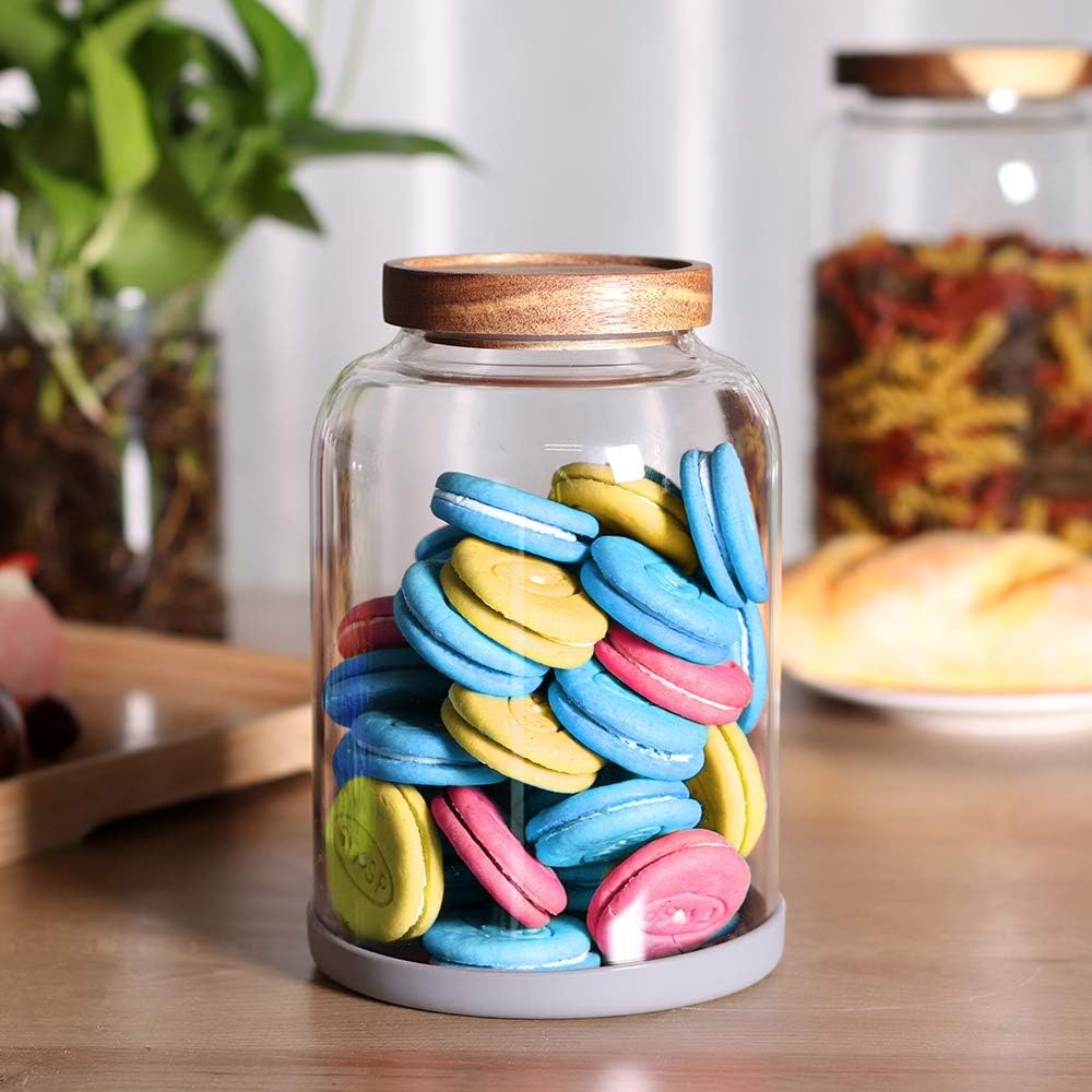 Thicken Glass Storage Jar, Food Storage Container/Canisters with Airtight Wooden Lid for Tea, Coffee, Honey, Cacao Powder,BPA Free Perfect as a Cereal Dispenser (7.6inch 2pcs)