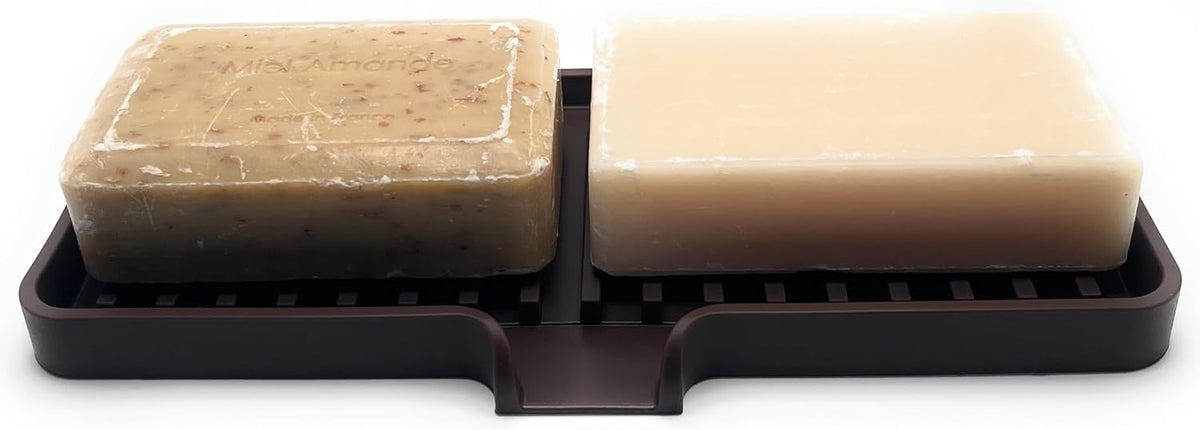 Happitasa Silicone Soap Dish Tray and Sponge Holder with Drain Chute | Bathroom and Kitchen Sink Organizer Caddy (Dark Chocolate, 9"x3.5", 5.6 Ounces)