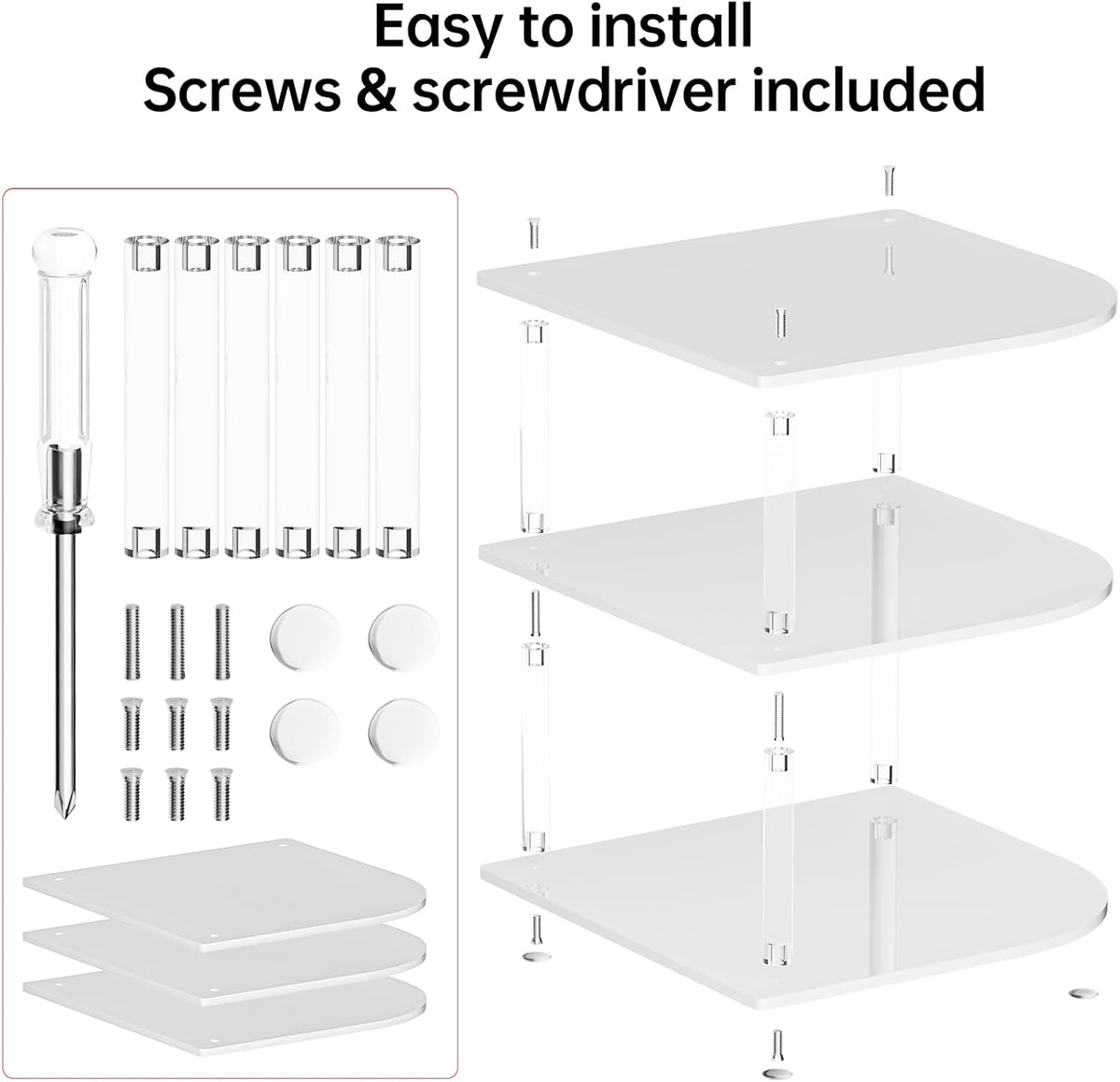 Plate Organizer for Cabinet Space Saver - Acrylic Corner Shelf for Dishes, Bowls, 3-Tier Kitchen Countertop Cabinet Organization, Dinner Plates Holder, and Small Shelf for Bathroom Storage - White
