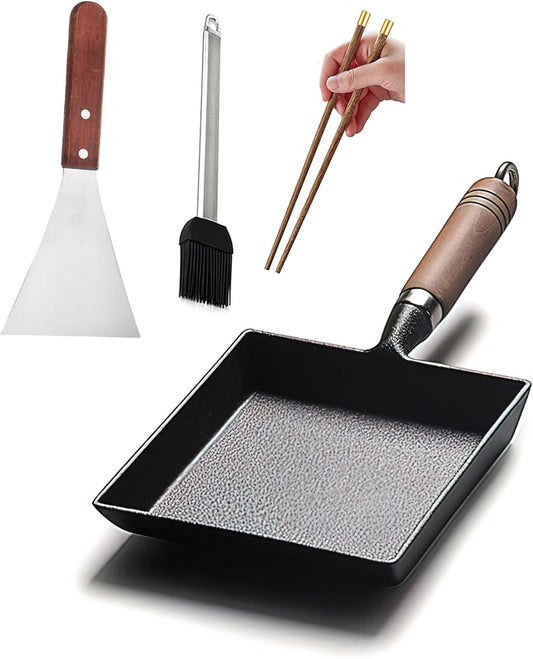 YYMIYU Tamagoyaki Japanese Omelette Pan Cast Iron Wooden Handle 9×7 inch
