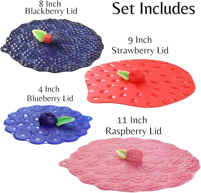 Charles Viancin - Berries Lid Gift-Box - Set of 4 Silicone Lids for Food Storage and Cooking - 11''/28cm + 9''/23cm + 8''/20cm + 4''/10cm - Airtight Seal on Any Smooth Rim Surface