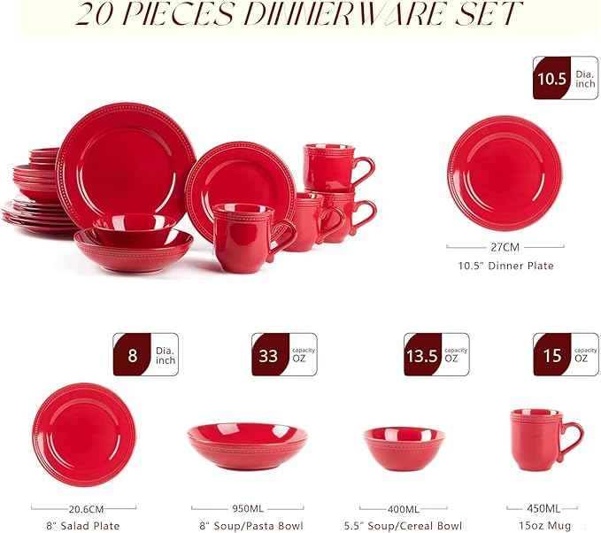 Pearl Dots Stoneware Dinnerware Set (20pc Set, Red)