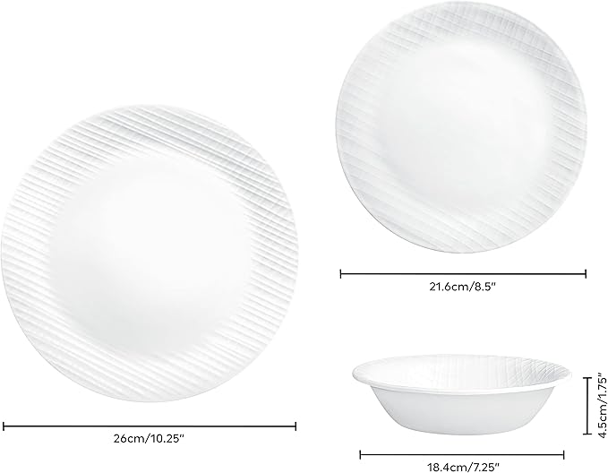 Corelle Dinnerware Set, 12-Piece, Linen Weave, Tempered Glass, Dinner Plates, Side Plates & Bowls, 3X More Durable, Half The Space & Weight of Ceramic, 1146908