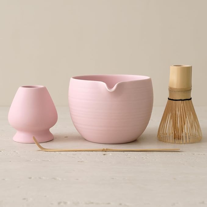 Matcha Whisk Set, Ceramic Matcha Bowl & Whisk Holder, Bamboo Accessory, Modern Design (Matte Soft Pink, Pouring Spout)