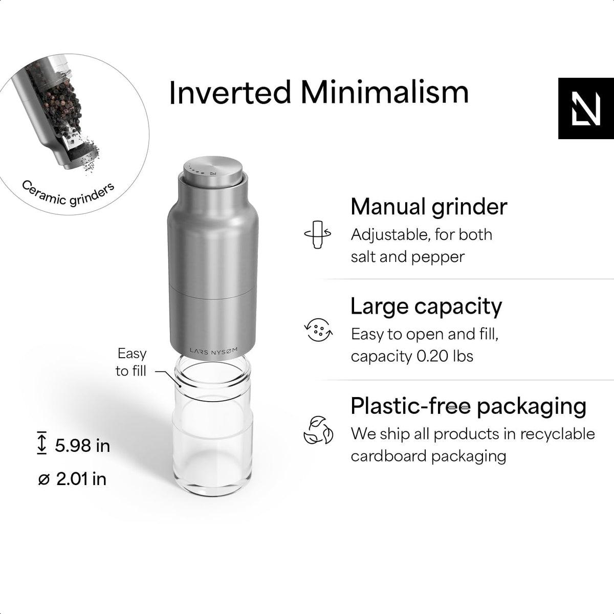 LARS NYSØM Salt and Pepper Grinder Set, Stainless Steel Manual Salt and Pepper Mills, Adjustable Ceramic Grinder, Design Spice Shakers (Stainless Steel)