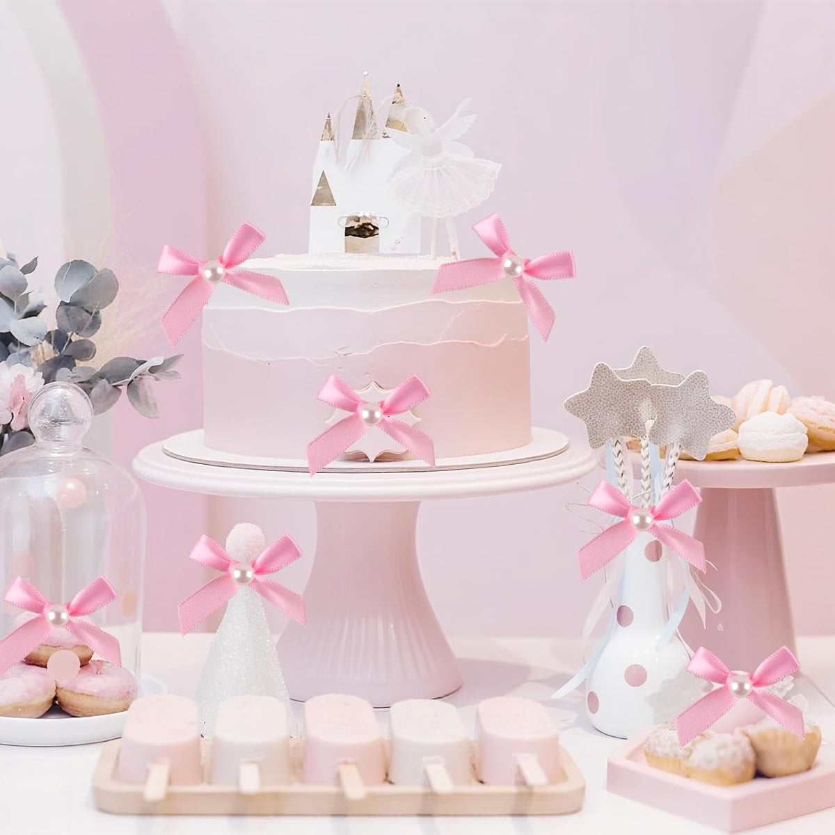 12 Pcs Mini Pink Pearl Bow Cake Toppers Pearl Bows Cake Decorations Ribbon Bowknot Birthday Cupcake Topper Pearls Bow Knot Ornament for Bachelorette Birthday Engagement Wedding Party Supplies