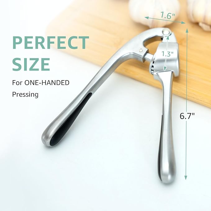 GD Garlic Press Crusher Mincer Tool - Dishwasher Safe & Rust Proof, Easy-Squeeze Garlic Smasher with Ergonomic Handle, Includes Silicone Garlic Peeler & Brush (Silver)