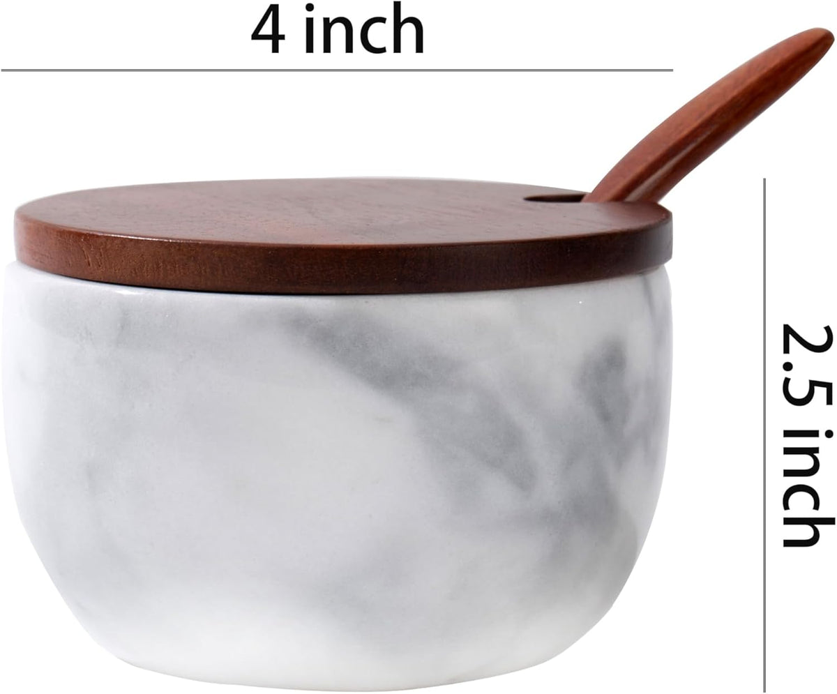 Marble Salt Cellar with Lid & Spoon, 11oz Salt and Pepper bowls, Handcrafted from Natural Marble, Smooth Inside (white bowl)