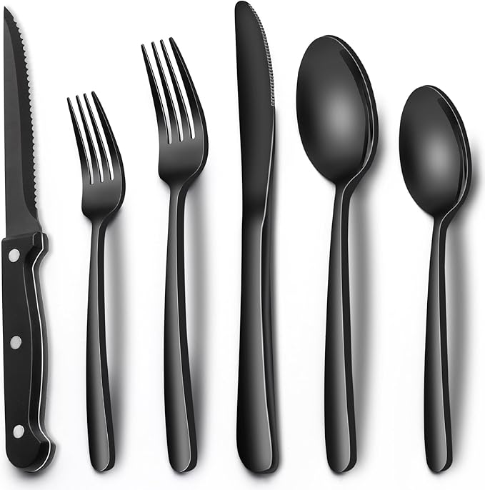 EWFEN 24-Piece Black Silverware Set with Steak Knives, Black Flatware Set for 4, Food-Grade Stainless Steel Tableware Cutlery Set, Mirror Finished Utensil Sets for Home Restaurant, Heavy Duty