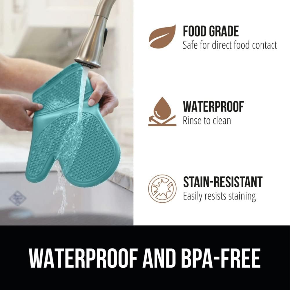 GORILLA GRIP BPA-Free Soft Silicone Oven Mitts and Pot Holders Sets, Heat Resistant Waterproof Cooking Gloves, Thick Cotton Lining, Flexible Gripping for Baking Grilling, Kitchen Trivets, Turquoise