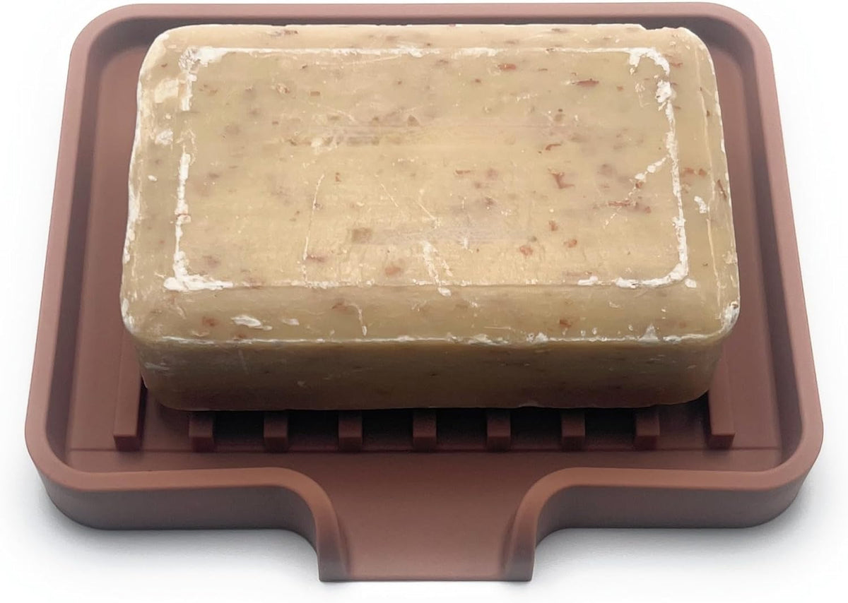 Happitasa Silicone Soap Dish Tray and Sponge Holder with Drain Chute, Pack of 2 | Bathroom and Kitchen Sink Organizer Caddy (Mocha, 5.2"x4", 7.2 Ounces)
