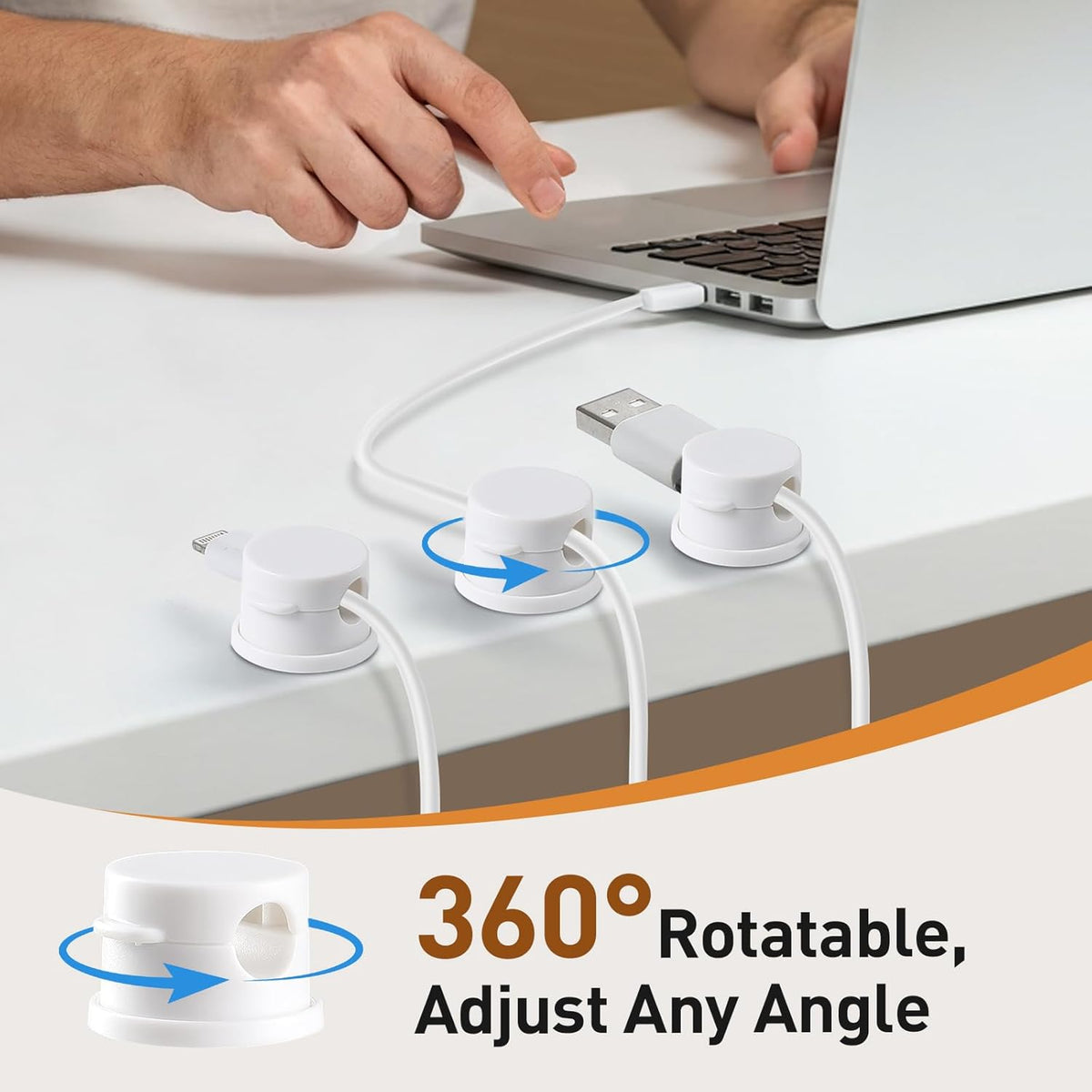 AGPTEK 8 Pack Magnetic Cable Clips, Upgraded 360° Rotatable Cord Holder Clips for Nightstand, Desk Cord Organizer Adhesive Wire Management Home Office Phone Charging Cords USB Cable Keeper (White)