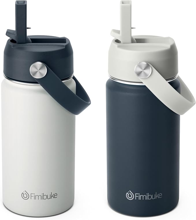 Fimibuke Kids Insulated Water Bottle, 14oz BPA FREE Double Wall Vacuum Tumbler 18/8 Stainless Steel Leak Proof Kids Cups with Straw Metal Water Bottle for School Boys Girls (2 Pack, Coastal)