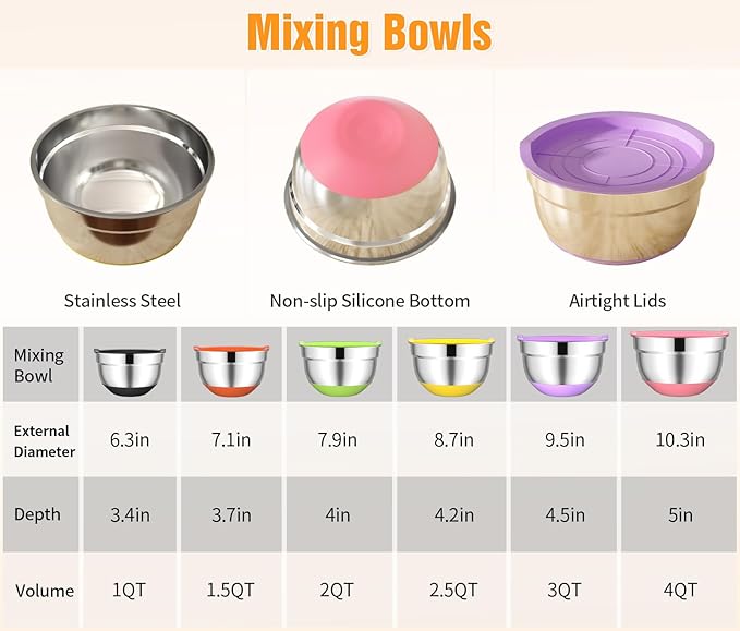600W Electric Hand Mixer with 6 Piece Mixing Bowls with Airtight Lids Set, Mixer Electric Handheld Stainless Steel Metal Nesting Bowls Set for Kitchen Cooking Baking