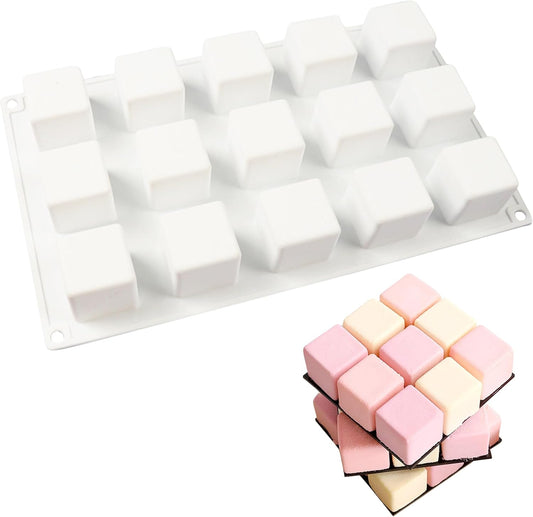 OCPO Kitchen 3D Cube Silicone Mold for Baking Mousse Cake, Square Baking Molds for Chocolate Candy Pastry Truffle Cupcake Jelly Cookie Pudding, Square Shape (15-Cavity)