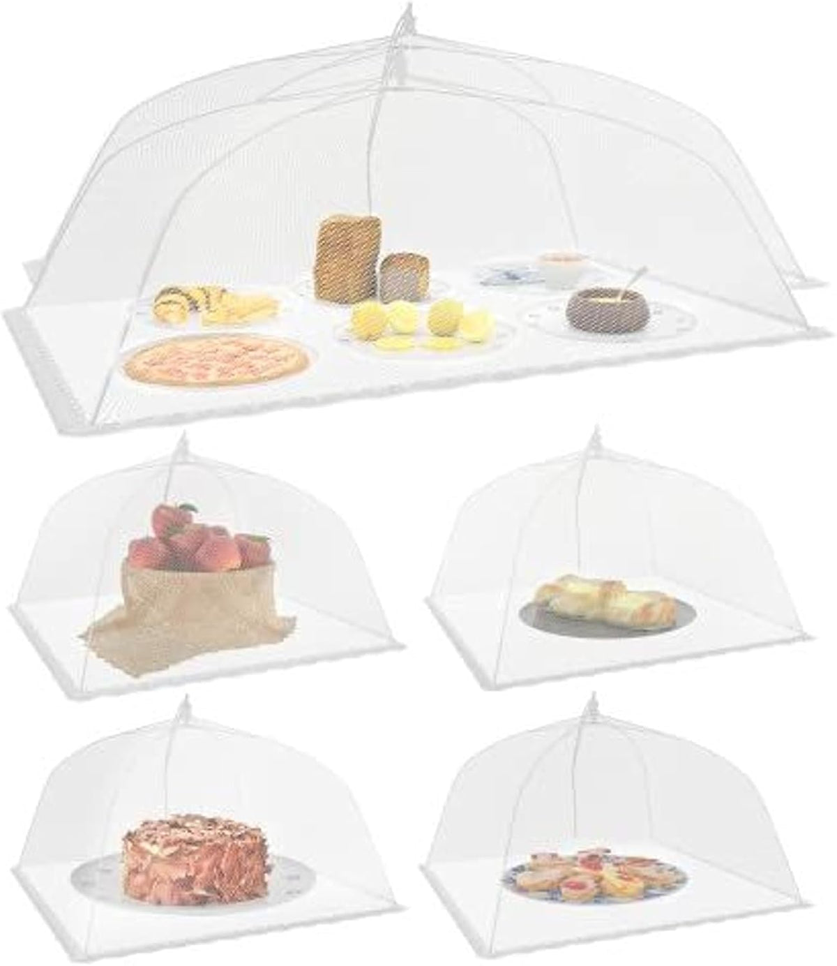 Simply Genius Mesh Food Covers for Outdoors - 2 Jumbo (39x24 in) & 4 Large (17x17 in), White Collapsible 6-Pack - Pop-Up Reusable Food Nets & Tents for Outdoor Serving & Picnics with Bug Protection