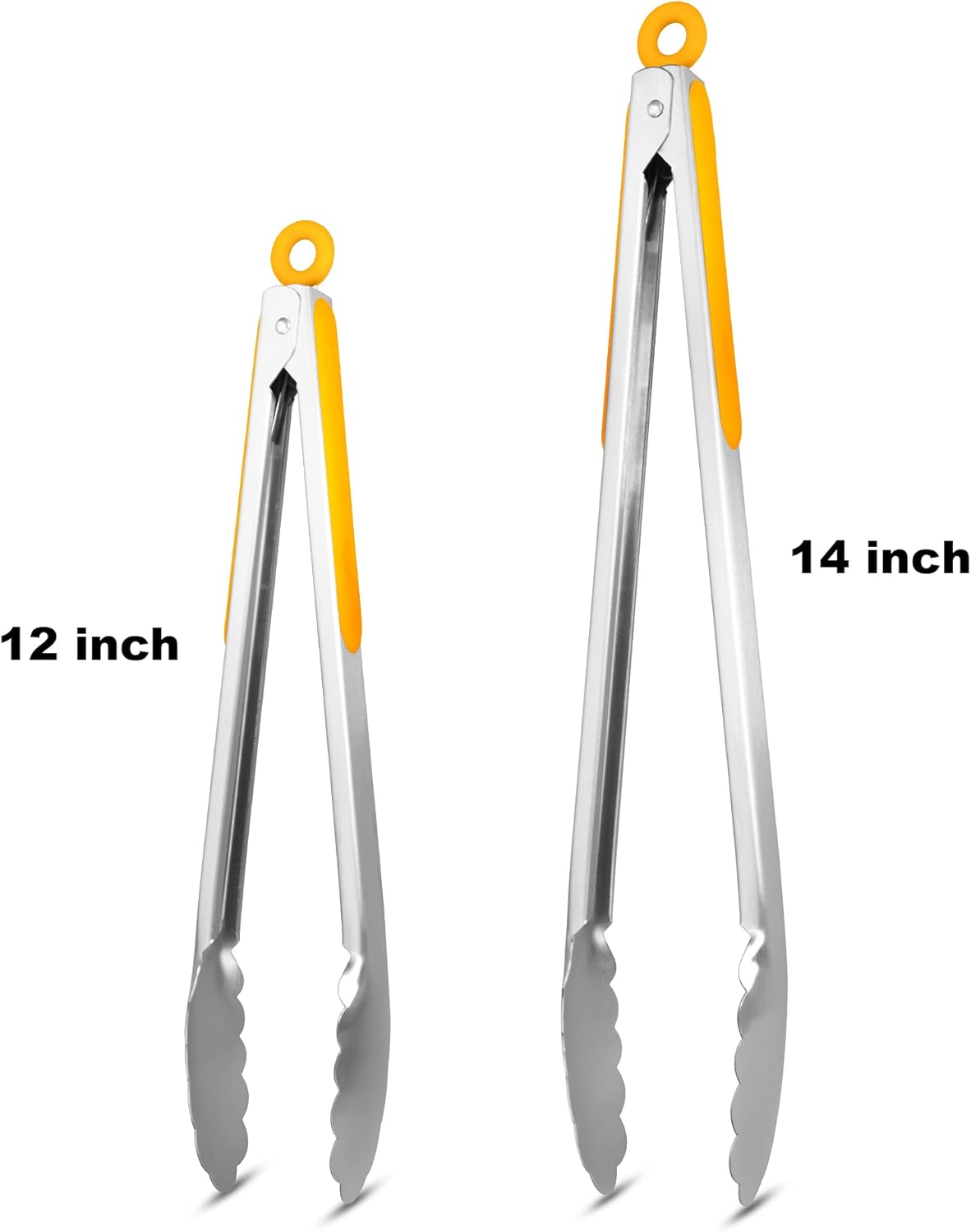304 Stainless Steel Kitchen Cooking Tongs, 12" and 14" Set of 2 Sturdy Grilling Barbeque Brushed Locking Food Tongs with Ergonomic Grip, Orange