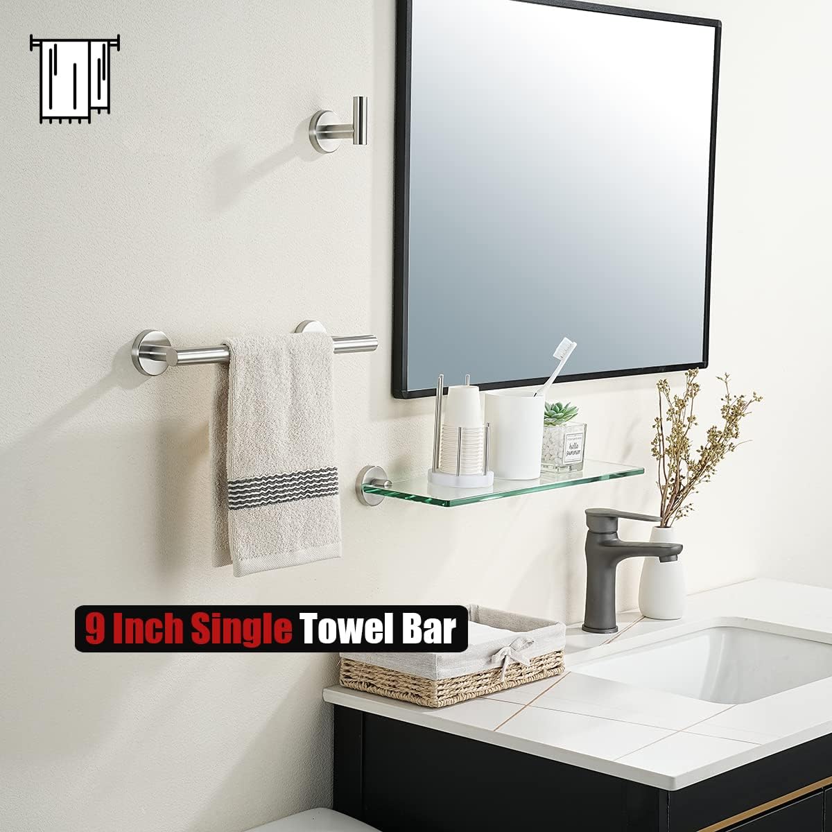 JQK Hand Towel Bar, 12 Inch 304 Stainless Steel Thicken 0.8mm Towel Rack, Bathroom Towel Holder Brushed Finished Wall Mount, Useable Length 9 Inch TB110L9-BN