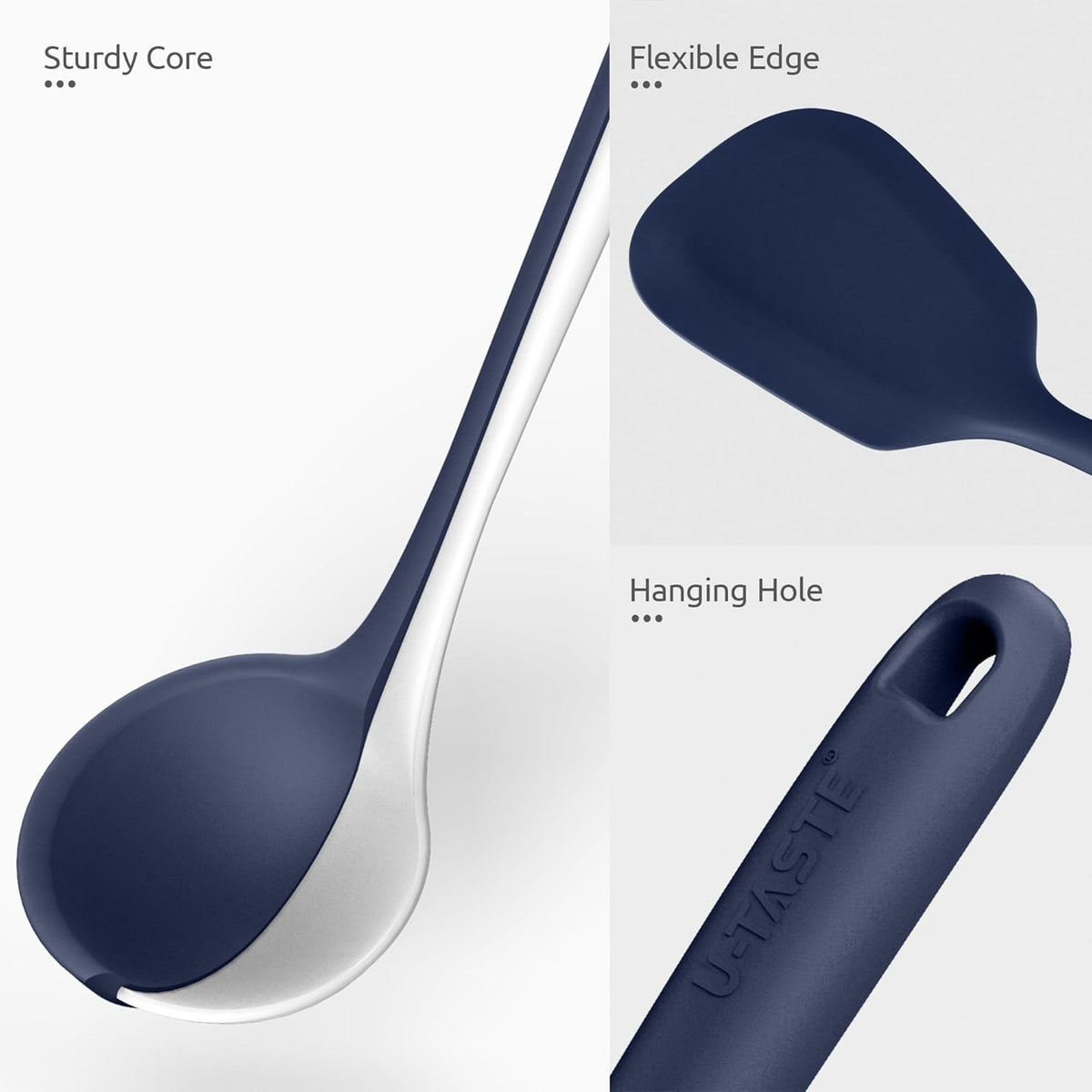 Silicone Kitchen Cooking Utensil Set: U-Taste High Heat Resistant 13.6in Kitchen Gadgets, BPA Free Non Stick Rubber Cook Accessories For Stir Frying, Serving, Basting, Mixing (5 Pieces, Midnight Blue)