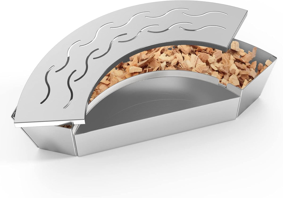 Onlyfire BBQ Smoker Box, Stainless Steel Fan-Shape Wood Chip Smoker Box with Removable Lid & Water Reservoir for Charcoal Grills, Kamado Grills - Add Smokey BBQ Flavor to Your Foods, Design Patent