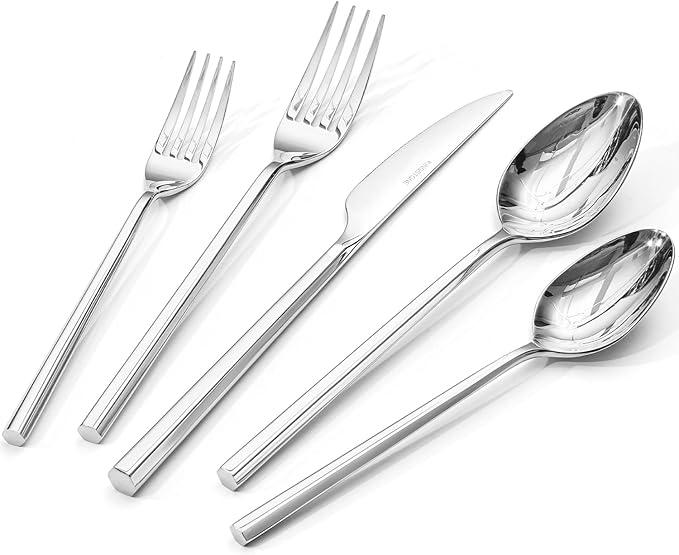 KINGSTONE 40-Piece Silverware Set, 18/10 Stainless Steel Flatware Cutlery Set with Hexagon Handle, for Hotel, Home, Party, Wedding Gift, Mirror Polish and Dishwasher Safe