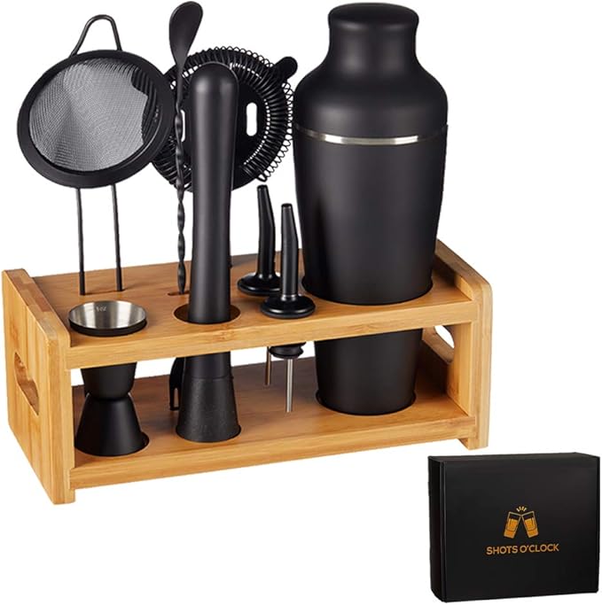 9-Piece Cocktail Shaker Bartender Kit with Stand, Boston Shaker, Mixing Spoon, Muddler, Measuring Jigger, Mesh and Regular Strainer, Liquor Pourers and More Professional Bar Tools