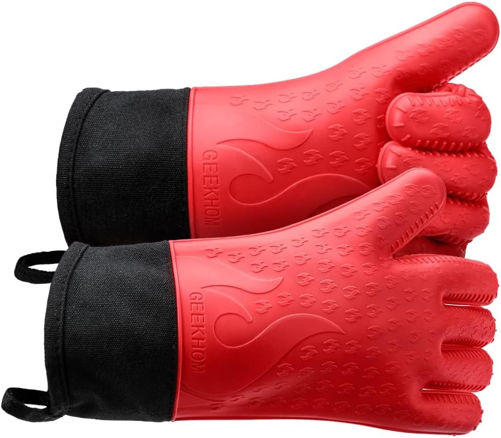 GEEKHOM Silicone Grilling Gloves, Heat Resistant Oven Mitts, BBQ Gloves, Waterproof Non-Slip for Barbecue, Cooking, Baking, Fryer, Red