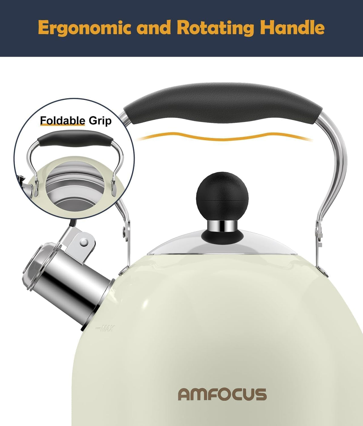 Tea Kettle, 2 Quart Stainless Steel Whistling Tea Kettle, Stovetop Whistling Teakettle Tea Pots for Stove Top with Ergonomic Folding Handle, Small Teapot, Water boiler for Tea, Coffee (White)
