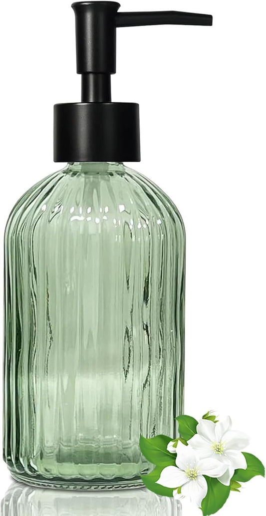 14 Oz Black Pump Glass Soap Dispenser, Green Stripe Countertop Refillable Liquid Bottle Hand Dish Lotion Dispenser with Plastic Pump, for Kitchen, Bathroom