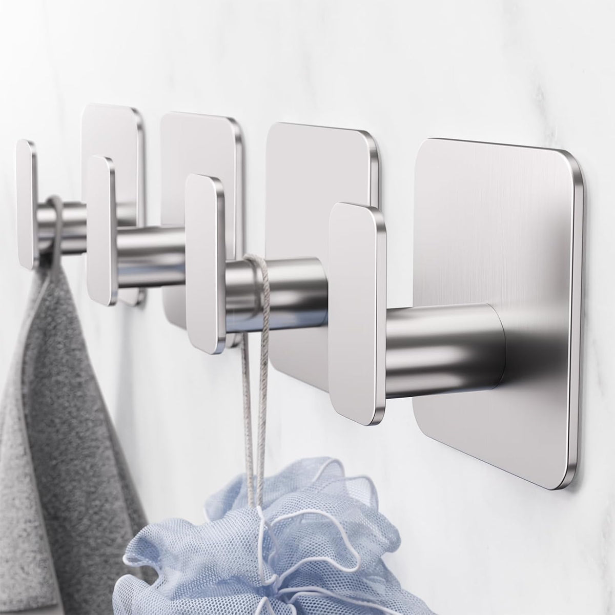 Silver Hooks for Hanging Heavy Duty, Adhesive Hooks for Shower, Bathroom, Kitchen, Robe, Towel, Coat, Waterproof & Rustproof Hook for Walls No Damage, Stainless Steel Sticky Hook - 4 Pack