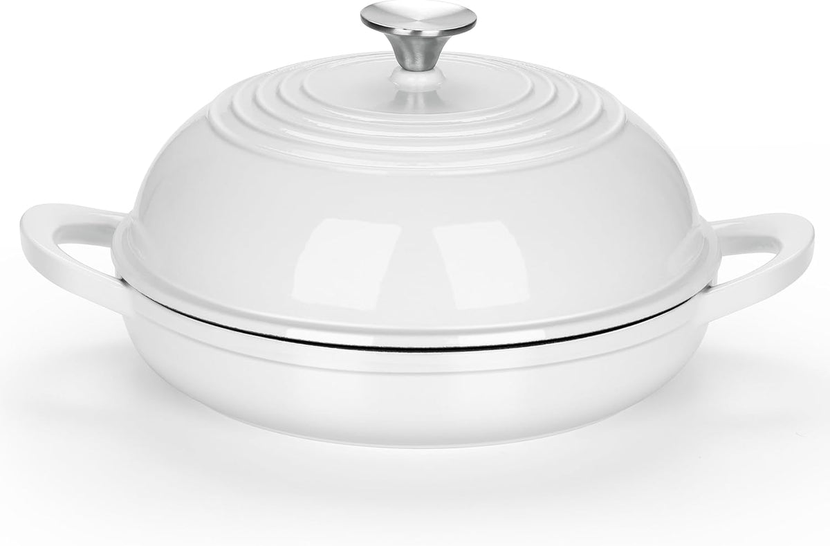 E-far Dutch Oven for Sourdough Bread Baking, 6 Qt Round Enameled Cast Iron Dutch Oven for Homemade Artisan Bread, Dome Lid & Shallow Base, Matte Black Interior & Durable, Oven-Safe to 500℉, White