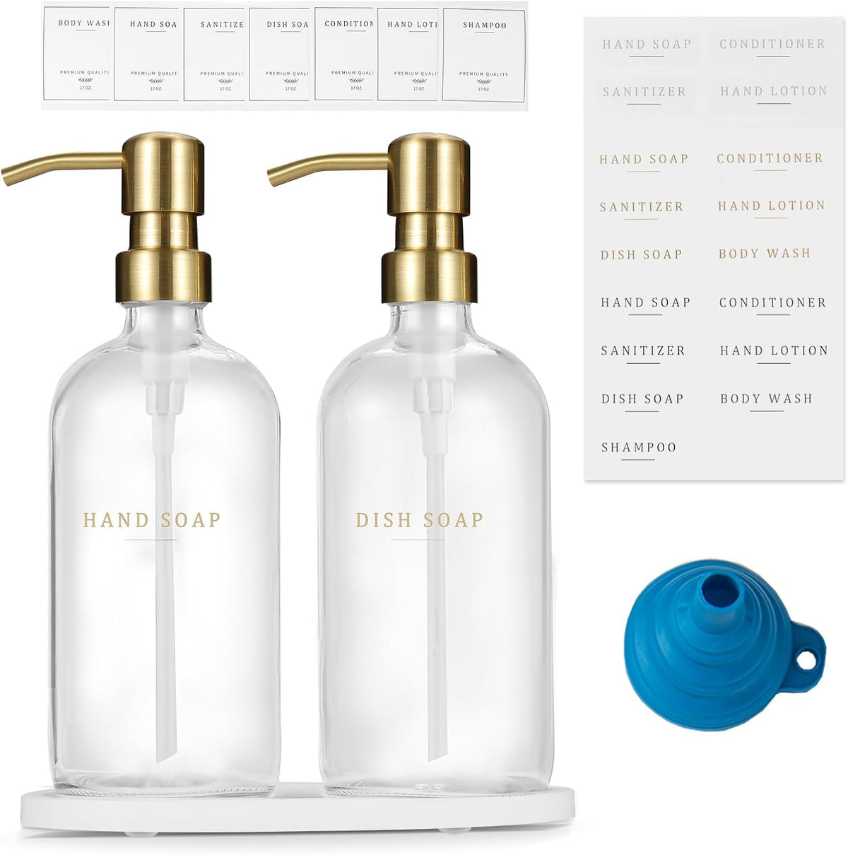 Glass Soap Dispenser - Dish Hand Soap Dispenser Set for Kitchen, Bathroom Soap Lotion Dispenser with 304 Rust Proof Pump, Tray, Clear Bottle/Gold Pump