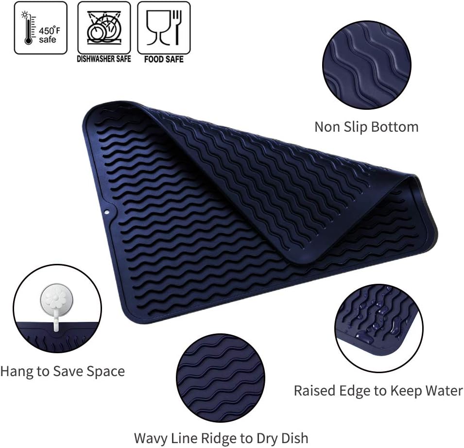 Silicone Dish Drying Mat for Multiple Usage,Easy clean,Eco-friendly,Heat-resistant Silicone Mat for Kitchen Counter or Sink,Refrigerator or drawer liner Navy Blue L 16 inches x 12 inches