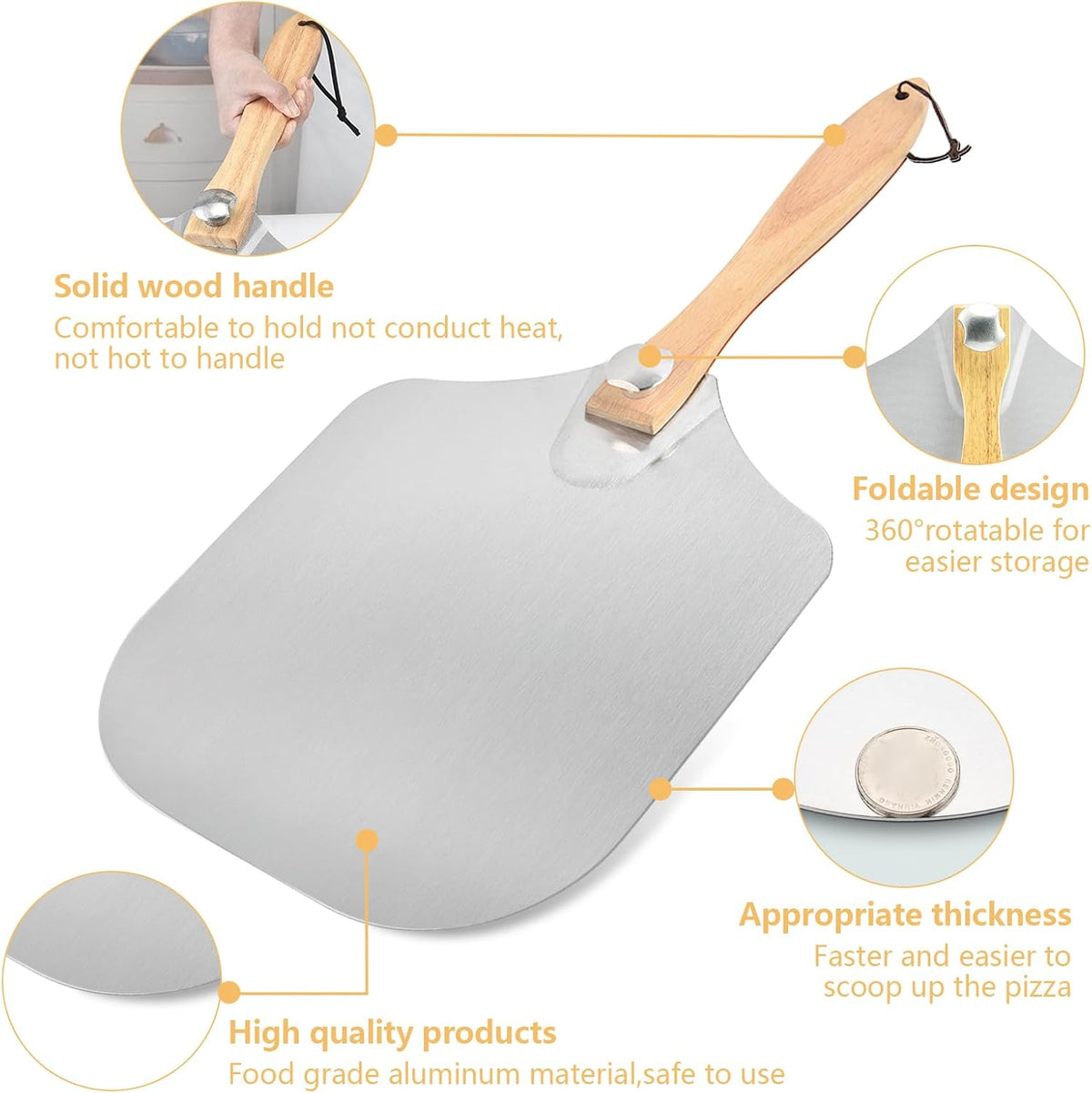 Luvan Aluminum Metal Pizza Peel with Foldable Wooden Handle,12x14 Inch Aluminum Pizza Peel,Pizza Paddle Foldable Pizza Spatula Paddle for Oven,Baking Homemade Bread