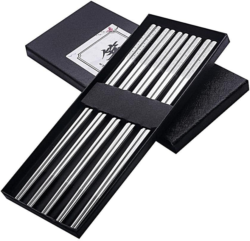 Metal Chopsticks Reusable Titanium Plated Stainless Steel Japanese Korean for Food & Cooking 9.5Inch Non-Slip for Beginners Square Laser 5 Pairs Gift Set
