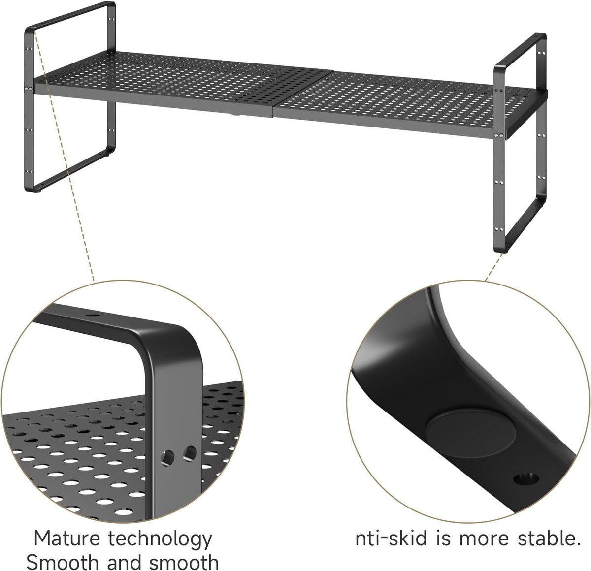 Hole Pattern Expandable Shelf Organizer,2Pack 8.1" Wide Easy to Assemble Cabinet Organizer Shelf, 16.5~27.1" Adjustable Height&Stackable Spice Organization for Cupboard, Black