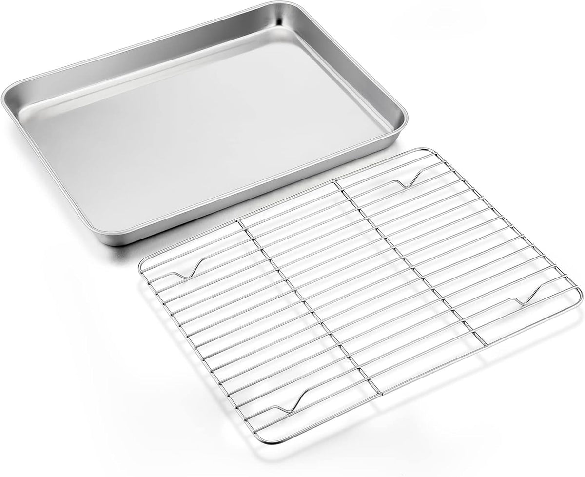 Stainless Steel Baking Sheet with Rack Set, E-far 12.4”x9.7” Cookie Sheet Broiling Pan for Oven, Rimmed Metal Tray with Wire Rack for Cooking/Baking/Cooling/Bacon, Non-toxic & Dishwasher Safe