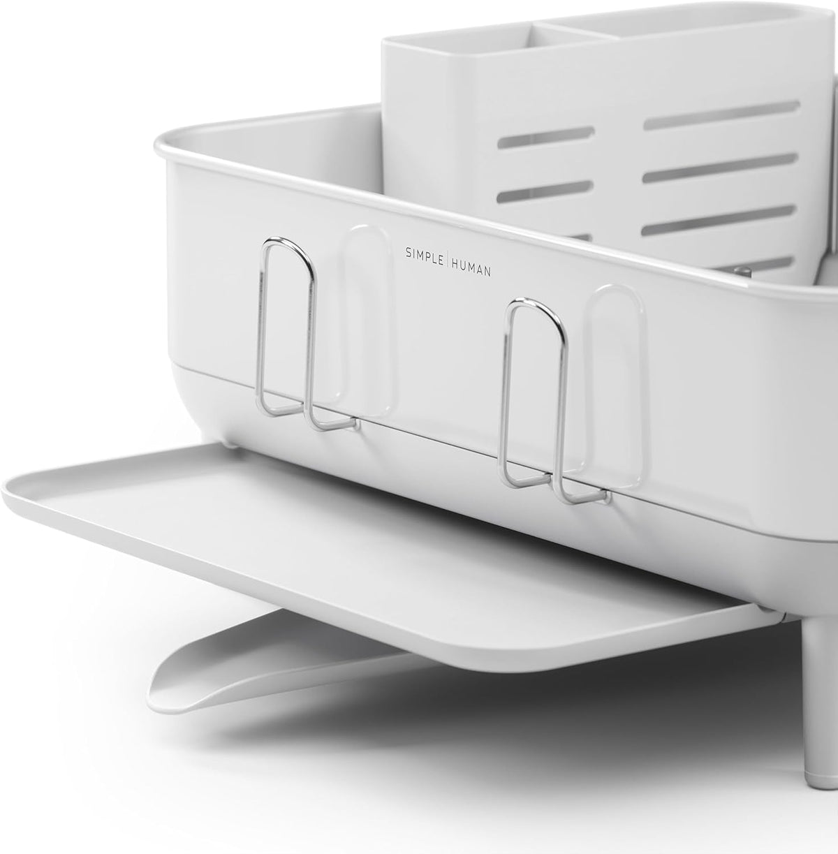 simplehuman Compact Dish Drying Rack with Stainless Steel Frame, 360º Easy Drain Swivel Spout, Utensil Holder, Anti-Residue Coating, Moisture Control Surface, White