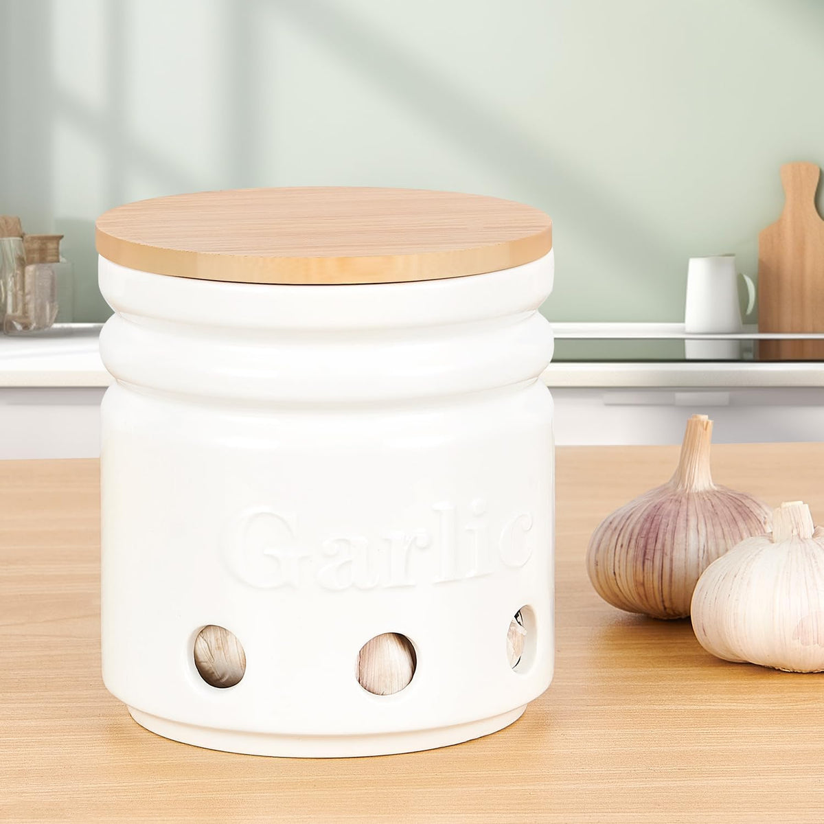 Garlic Keeper for Counter - Garlic Holder with Bamboo Lid,Garlic Container to Keep Your Garlic Cloves Fresh Longer,Large Ceramic Garlic Storage for Kitchen